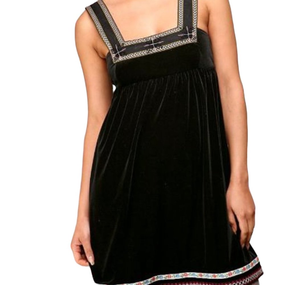 Free People Velvet Babydoll Snowflake Embroidered Mini Dress, Black, M